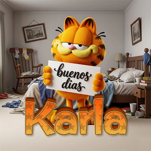 Garfield en dormitorio con pizarra blanca que dice 'Buenos Días', nombre en base 3D degradada naranja abajo. Nombre personalizado: Karla.