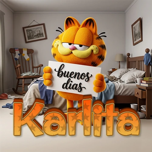 Garfield en dormitorio con pizarra blanca que dice 'Buenos Días', nombre en base 3D degradada naranja abajo. Nombre personalizado: Karlita.