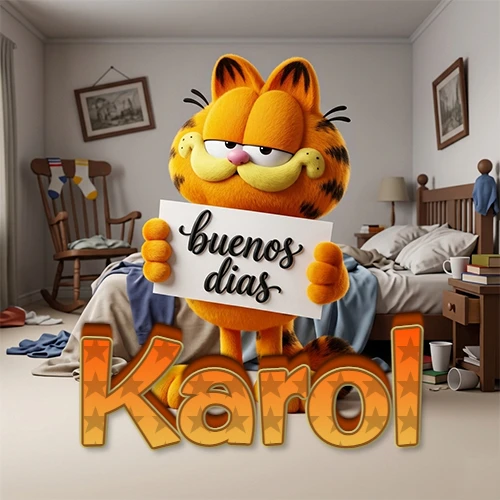 Garfield en dormitorio con pizarra blanca que dice 'Buenos Días', nombre en base 3D degradada naranja abajo. Nombre personalizado: Karol.