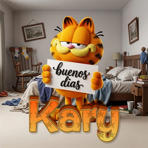 Garfield en dormitorio con pizarra blanca que dice 'Buenos Días', nombre en base 3D degradada naranja abajo. Nombre personalizado: Kary.