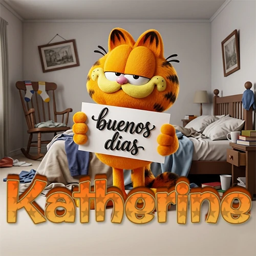 Garfield en dormitorio con pizarra blanca que dice 'Buenos Días', nombre en base 3D degradada naranja abajo. Nombre personalizado: Katherine.