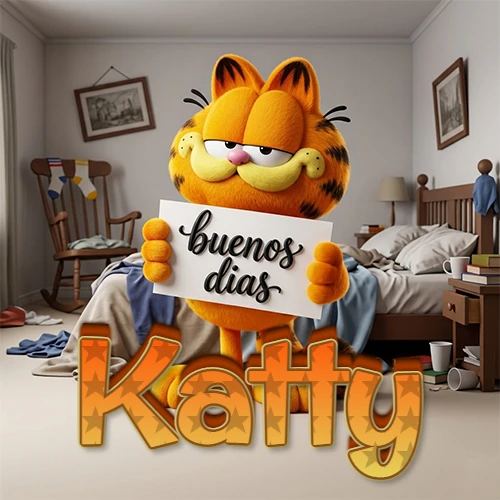 Garfield en dormitorio con pizarra blanca que dice 'Buenos Días', nombre en base 3D degradada naranja abajo. Nombre personalizado: Katty.