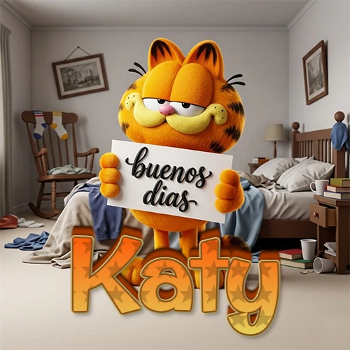 Garfield en dormitorio con pizarra blanca que dice 'Buenos Días', nombre en base 3D degradada naranja abajo. Nombre personalizado: Katy.