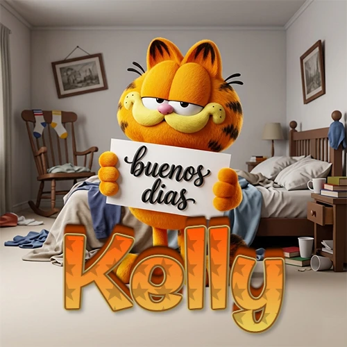 Garfield en dormitorio con pizarra blanca que dice 'Buenos Días', nombre en base 3D degradada naranja abajo. Nombre personalizado: Kelly.