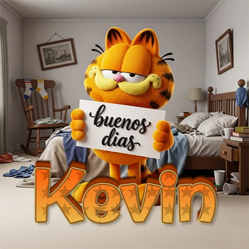 Garfield en dormitorio con pizarra blanca que dice 'Buenos Días', nombre en base 3D degradada naranja abajo. Nombre personalizado: Kevin.