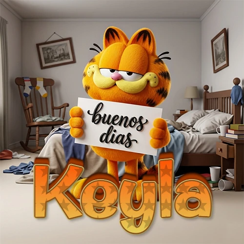 Garfield en dormitorio con pizarra blanca que dice 'Buenos Días', nombre en base 3D degradada naranja abajo. Nombre personalizado: Keyla.
