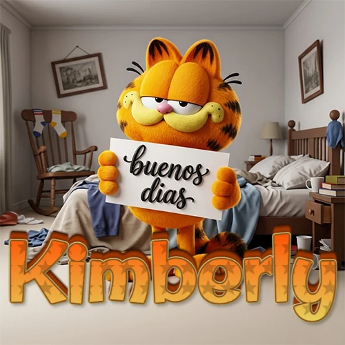 Garfield en dormitorio con pizarra blanca que dice 'Buenos Días', nombre en base 3D degradada naranja abajo. Nombre personalizado: Kimberly.