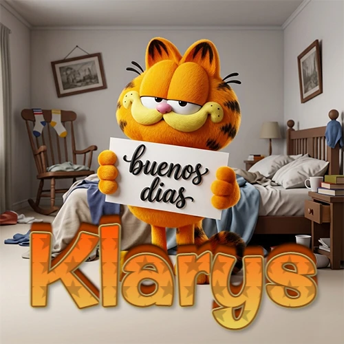Garfield en dormitorio con pizarra blanca que dice 'Buenos Días', nombre en base 3D degradada naranja abajo. Nombre personalizado: Klarys.