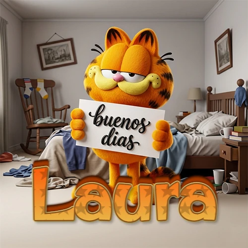 Garfield en dormitorio con pizarra blanca que dice 'Buenos Días', nombre en base 3D degradada naranja abajo. Nombre personalizado: Laura.