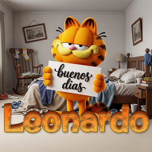 Garfield en dormitorio con pizarra blanca que dice 'Buenos Días', nombre en base 3D degradada naranja abajo. Nombre personalizado: Leonardo.