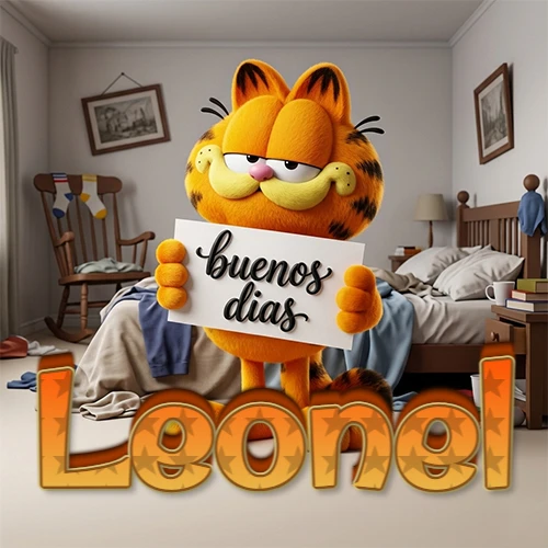 Garfield en dormitorio con pizarra blanca que dice 'Buenos Días', nombre en base 3D degradada naranja abajo. Nombre personalizado: Leonel.