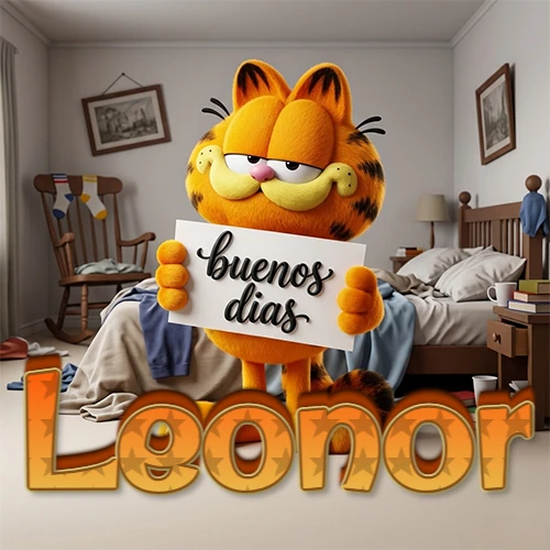 Garfield en dormitorio con pizarra blanca que dice 'Buenos Días', nombre en base 3D degradada naranja abajo. Nombre personalizado: Leonor.