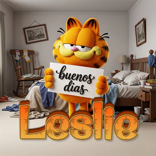 Garfield en dormitorio con pizarra blanca que dice 'Buenos Días', nombre en base 3D degradada naranja abajo. Nombre personalizado: Leslie.