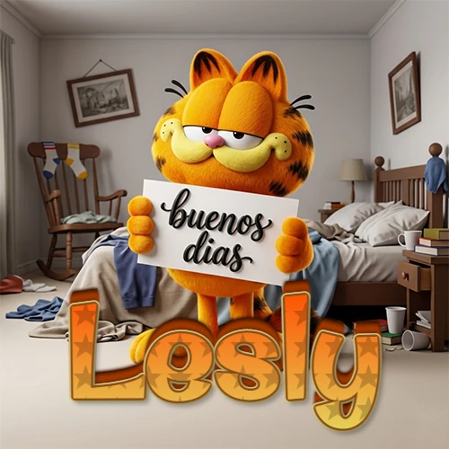 Garfield en dormitorio con pizarra blanca que dice 'Buenos Días', nombre en base 3D degradada naranja abajo. Nombre personalizado: Lesly.