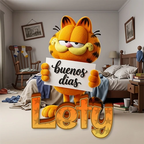 Garfield en dormitorio con pizarra blanca que dice 'Buenos Días', nombre en base 3D degradada naranja abajo. Nombre personalizado: Lety.