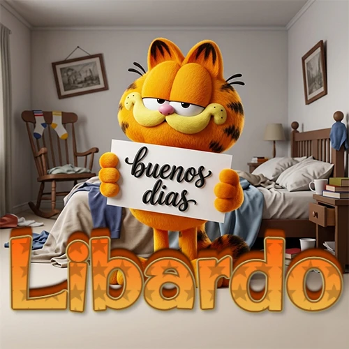 Garfield en dormitorio con pizarra blanca que dice 'Buenos Días', nombre en base 3D degradada naranja abajo. Nombre personalizado: Libardo.