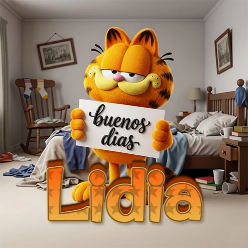 Garfield en dormitorio con pizarra blanca que dice 'Buenos Días', nombre en base 3D degradada naranja abajo. Nombre personalizado: Lidia.