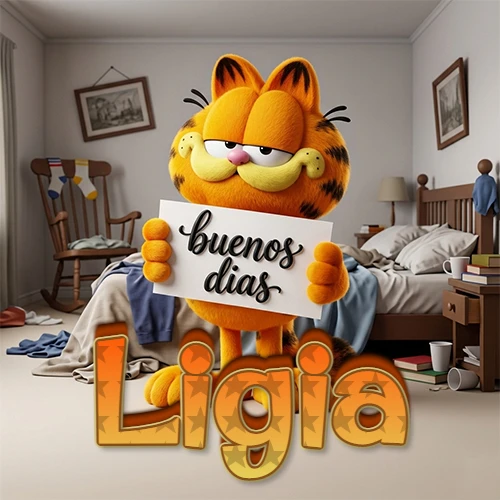 Garfield en dormitorio con pizarra blanca que dice 'Buenos Días', nombre en base 3D degradada naranja abajo. Nombre personalizado: Ligia.