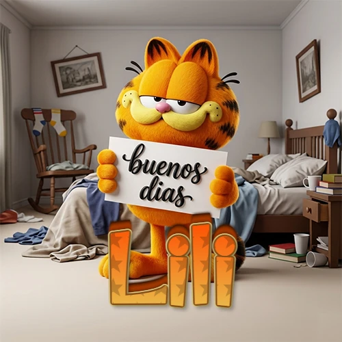 Garfield en dormitorio con pizarra blanca que dice 'Buenos Días', nombre en base 3D degradada naranja abajo. Nombre personalizado: Lili.