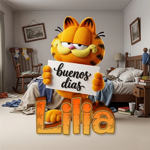 Garfield en dormitorio con pizarra blanca que dice 'Buenos Días', nombre en base 3D degradada naranja abajo. Nombre personalizado: Lilia.