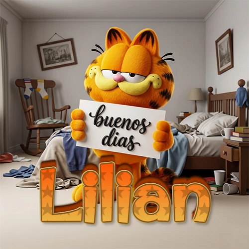 Garfield en dormitorio con pizarra blanca que dice 'Buenos Días', nombre en base 3D degradada naranja abajo. Nombre personalizado: Lilian.