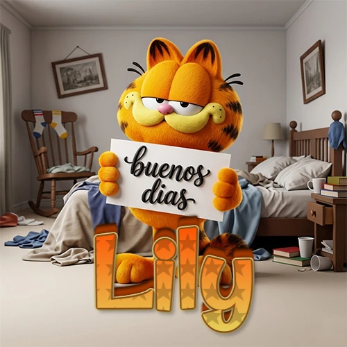 Garfield en dormitorio con pizarra blanca que dice 'Buenos Días', nombre en base 3D degradada naranja abajo. Nombre personalizado: Lily.