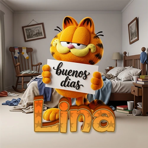Garfield en dormitorio con pizarra blanca que dice 'Buenos Días', nombre en base 3D degradada naranja abajo. Nombre personalizado: Lina.