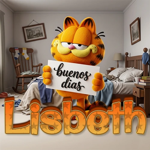 Garfield en dormitorio con pizarra blanca que dice 'Buenos Días', nombre en base 3D degradada naranja abajo. Nombre personalizado: Lisbeth.