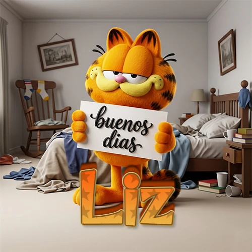 Garfield en dormitorio con pizarra blanca que dice 'Buenos Días', nombre en base 3D degradada naranja abajo. Nombre personalizado: Liz.