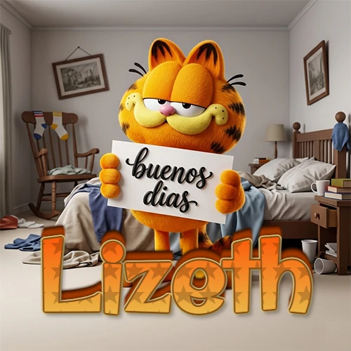 Garfield en dormitorio con pizarra blanca que dice 'Buenos Días', nombre en base 3D degradada naranja abajo. Nombre personalizado: Lizeth.