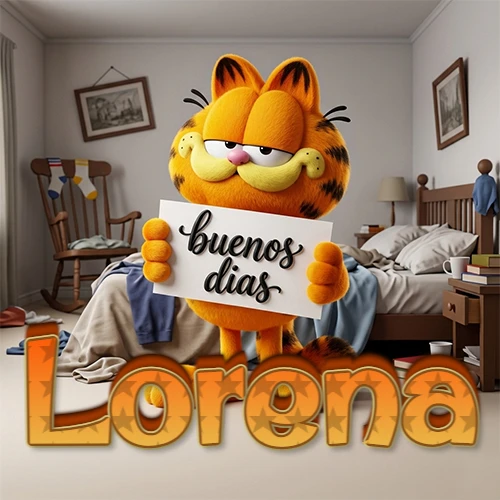 Garfield en dormitorio con pizarra blanca que dice 'Buenos Días', nombre en base 3D degradada naranja abajo. Nombre personalizado: Lorena.