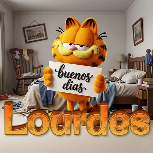 Garfield en dormitorio con pizarra blanca que dice 'Buenos Días', nombre en base 3D degradada naranja abajo. Nombre personalizado: Lourdes.