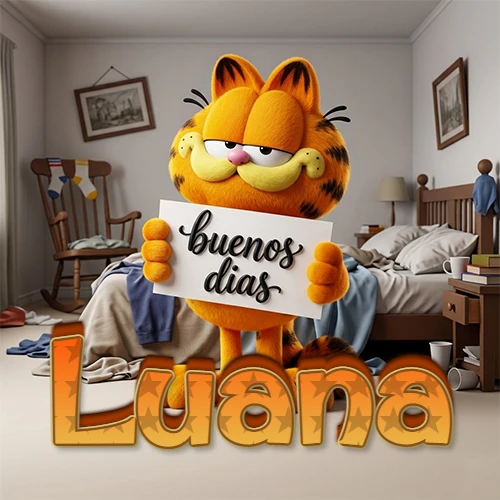 Garfield en dormitorio con pizarra blanca que dice 'Buenos Días', nombre en base 3D degradada naranja abajo. Nombre personalizado: Luana.
