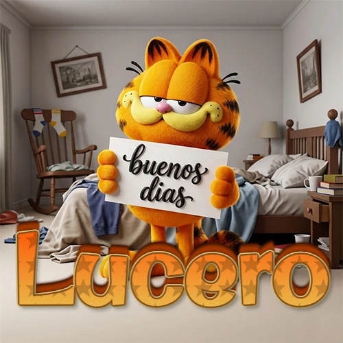 Garfield en dormitorio con pizarra blanca que dice 'Buenos Días', nombre en base 3D degradada naranja abajo. Nombre personalizado: Lucero.