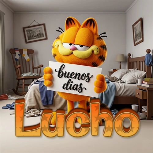 Garfield en dormitorio con pizarra blanca que dice 'Buenos Días', nombre en base 3D degradada naranja abajo. Nombre personalizado: Lucho.
