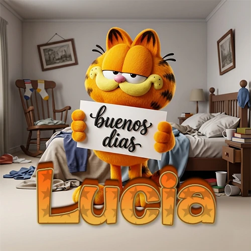 Garfield en dormitorio con pizarra blanca que dice 'Buenos Días', nombre en base 3D degradada naranja abajo. Nombre personalizado: Lucia.