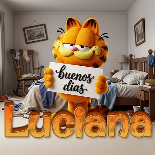 Garfield en dormitorio con pizarra blanca que dice 'Buenos Días', nombre en base 3D degradada naranja abajo. Nombre personalizado: Luciana.