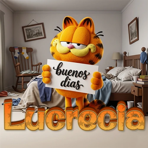 Garfield en dormitorio con pizarra blanca que dice 'Buenos Días', nombre en base 3D degradada naranja abajo. Nombre personalizado: Lucrecia.