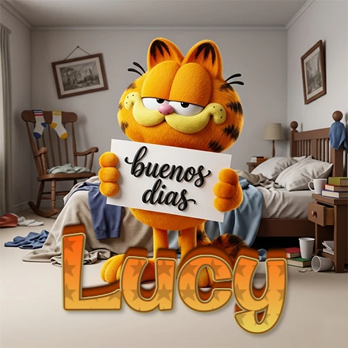 Garfield en dormitorio con pizarra blanca que dice 'Buenos Días', nombre en base 3D degradada naranja abajo. Nombre personalizado: Lucy.