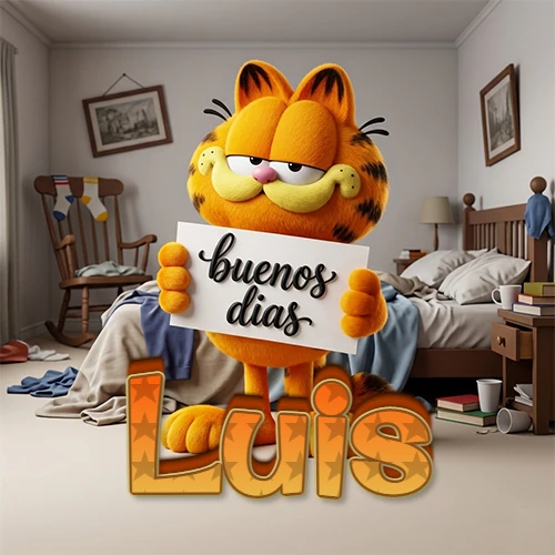 Garfield en dormitorio con pizarra blanca que dice 'Buenos Días', nombre en base 3D degradada naranja abajo. Nombre personalizado: Luis.