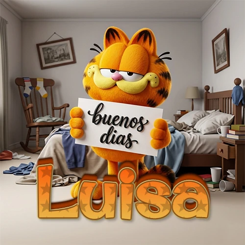 Garfield en dormitorio con pizarra blanca que dice 'Buenos Días', nombre en base 3D degradada naranja abajo. Nombre personalizado: Luisa.