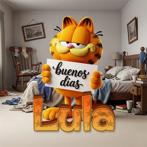 Garfield en dormitorio con pizarra blanca que dice 'Buenos Días', nombre en base 3D degradada naranja abajo. Nombre personalizado: Lula.