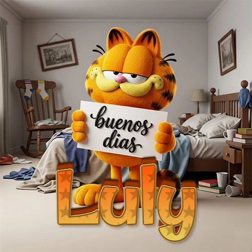 Garfield en dormitorio con pizarra blanca que dice 'Buenos Días', nombre en base 3D degradada naranja abajo. Nombre personalizado: Luly.