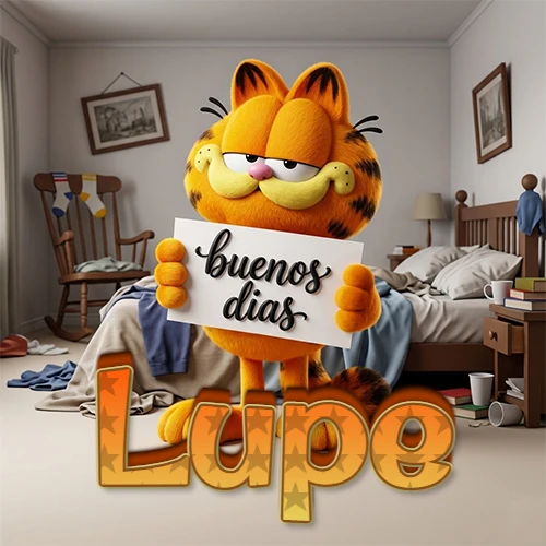 Garfield en dormitorio con pizarra blanca que dice 'Buenos Días', nombre en base 3D degradada naranja abajo. Nombre personalizado: Lupe.