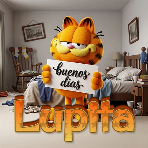 Garfield en dormitorio con pizarra blanca que dice 'Buenos Días', nombre en base 3D degradada naranja abajo. Nombre personalizado: Lupita.