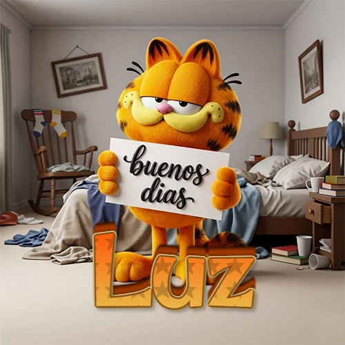 Garfield en dormitorio con pizarra blanca que dice 'Buenos Días', nombre en base 3D degradada naranja abajo. Nombre personalizado: Luz.