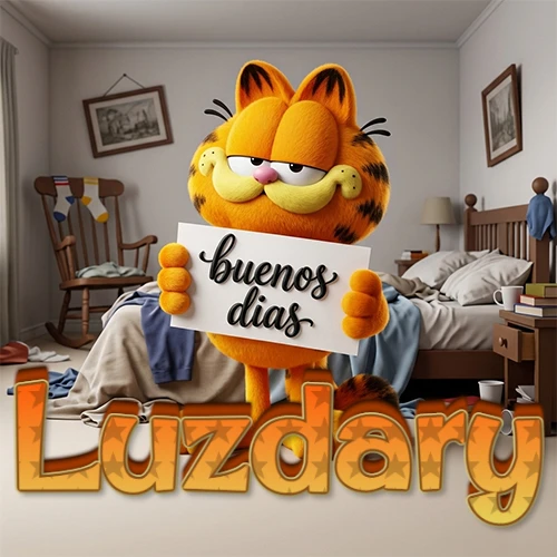 Garfield en dormitorio con pizarra blanca que dice 'Buenos Días', nombre en base 3D degradada naranja abajo. Nombre personalizado: Luzdary.