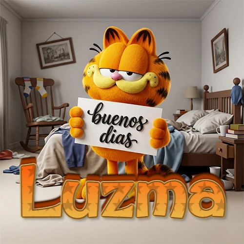 Garfield en dormitorio con pizarra blanca que dice 'Buenos Días', nombre en base 3D degradada naranja abajo. Nombre personalizado: Luzma. Garfield en dormitorio con pizarra blanca que dice 'Buenos Días', nombre en base 3D degradada naranja abajo. Nombre personalizado: Luzma.