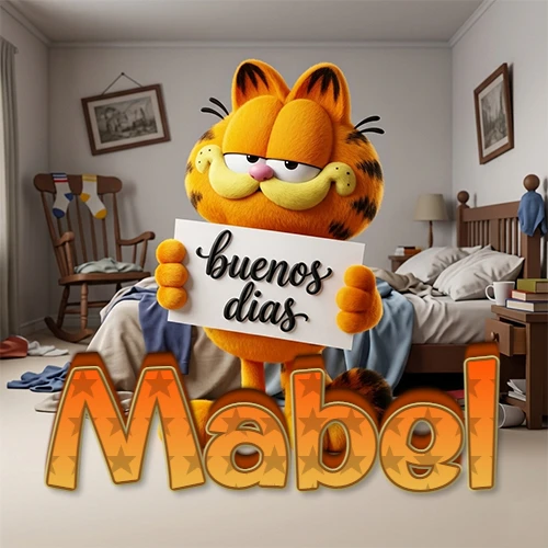 Garfield en dormitorio con pizarra blanca que dice 'Buenos Días', nombre en base 3D degradada naranja abajo. Nombre personalizado: Mabel. Garfield en dormitorio con pizarra blanca que dice 'Buenos Días', nombre en base 3D degradada naranja abajo. Nombre personalizado: Mabel.