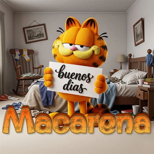 Garfield en dormitorio con pizarra blanca que dice 'Buenos Días', nombre en base 3D degradada naranja abajo. Nombre personalizado: Macarena.